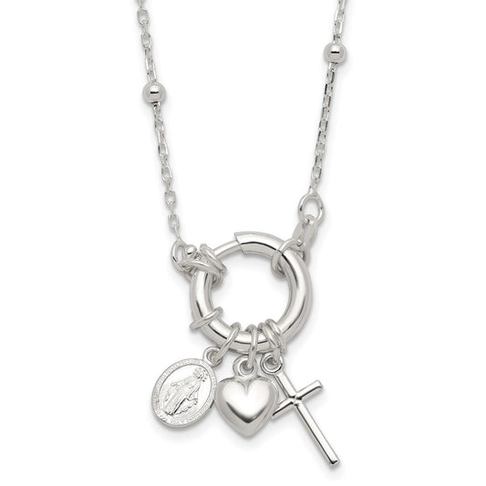 Sterling Silver Heart Miraculous Medal Cross Charm Necklace 18"