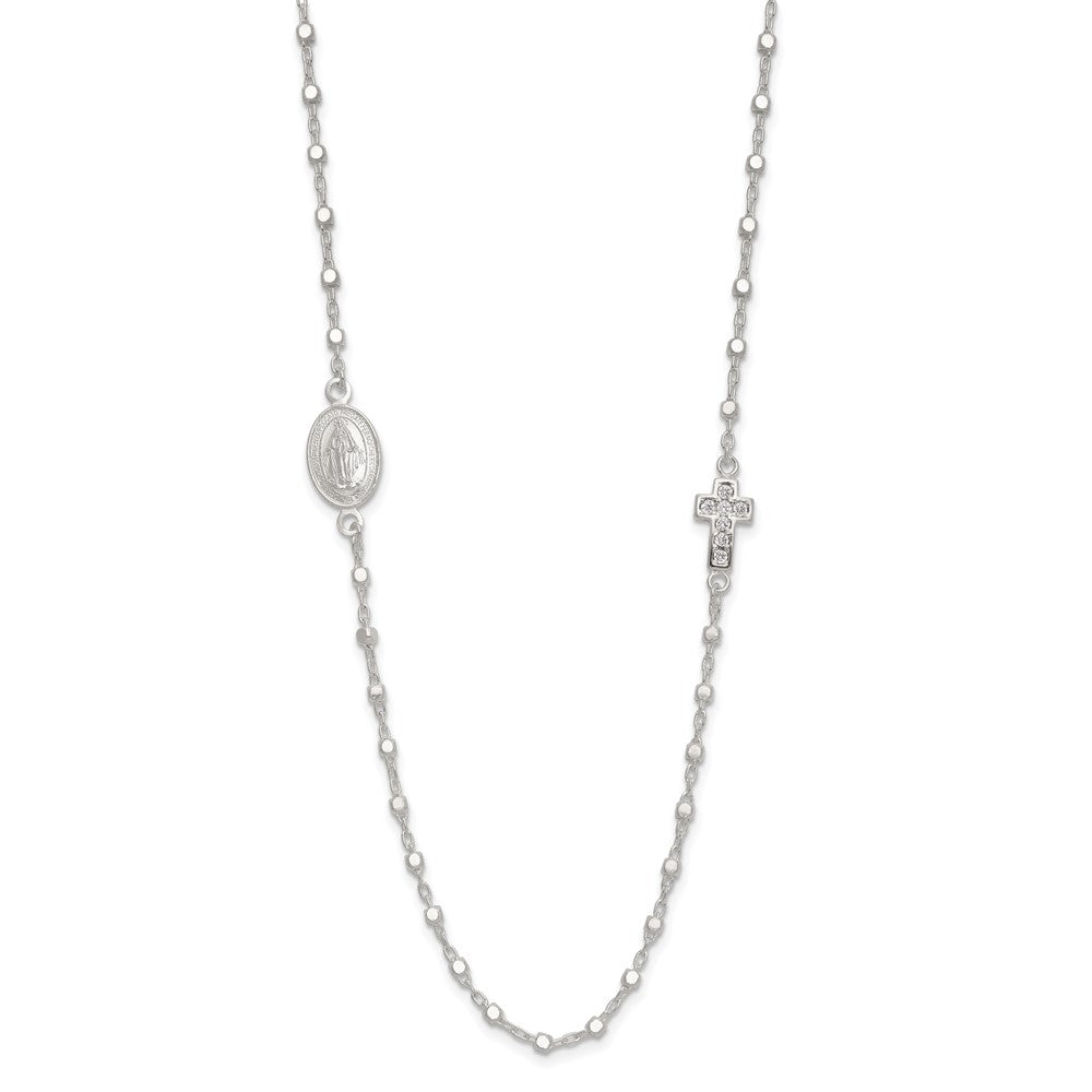 Sterling Silver Polished with Cubic Zirconia Cross and Miraculous Medal Necklace 18"