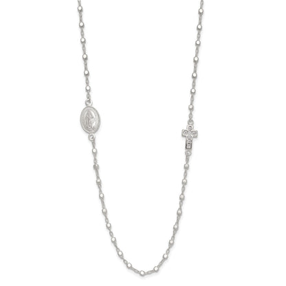 Sterling Silver Polished with Cubic Zirconia Cross and Miraculous Medal Necklace 18"