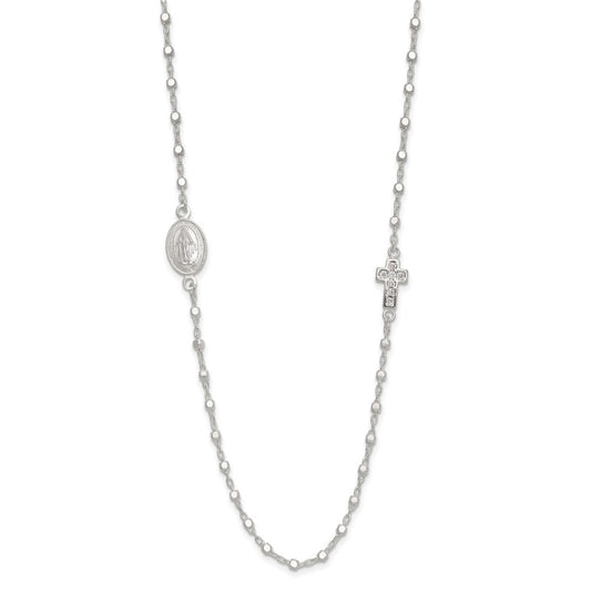 Sterling Silver Polished with Cubic Zirconia Cross and Miraculous Medal Necklace 18"