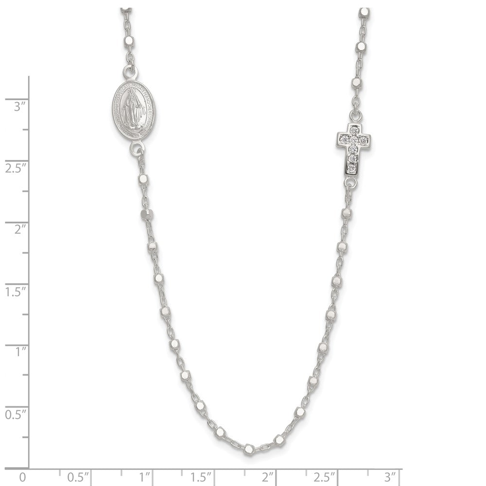 Sterling Silver Polished with Cubic Zirconia Cross and Miraculous Medal Necklace 18"