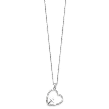 Sterling Silver Cubic Zirconia Open Heart with Cross Necklace 18"