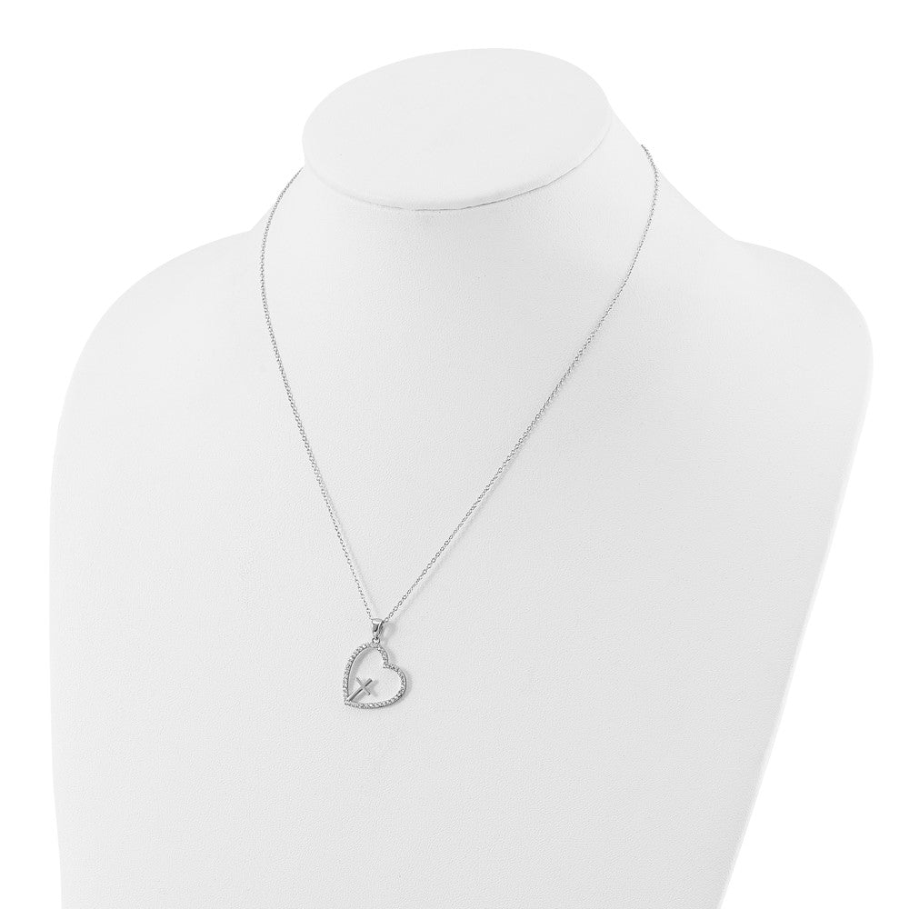 Sterling Silver Cubic Zirconia Open Heart with Cross Necklace 18"