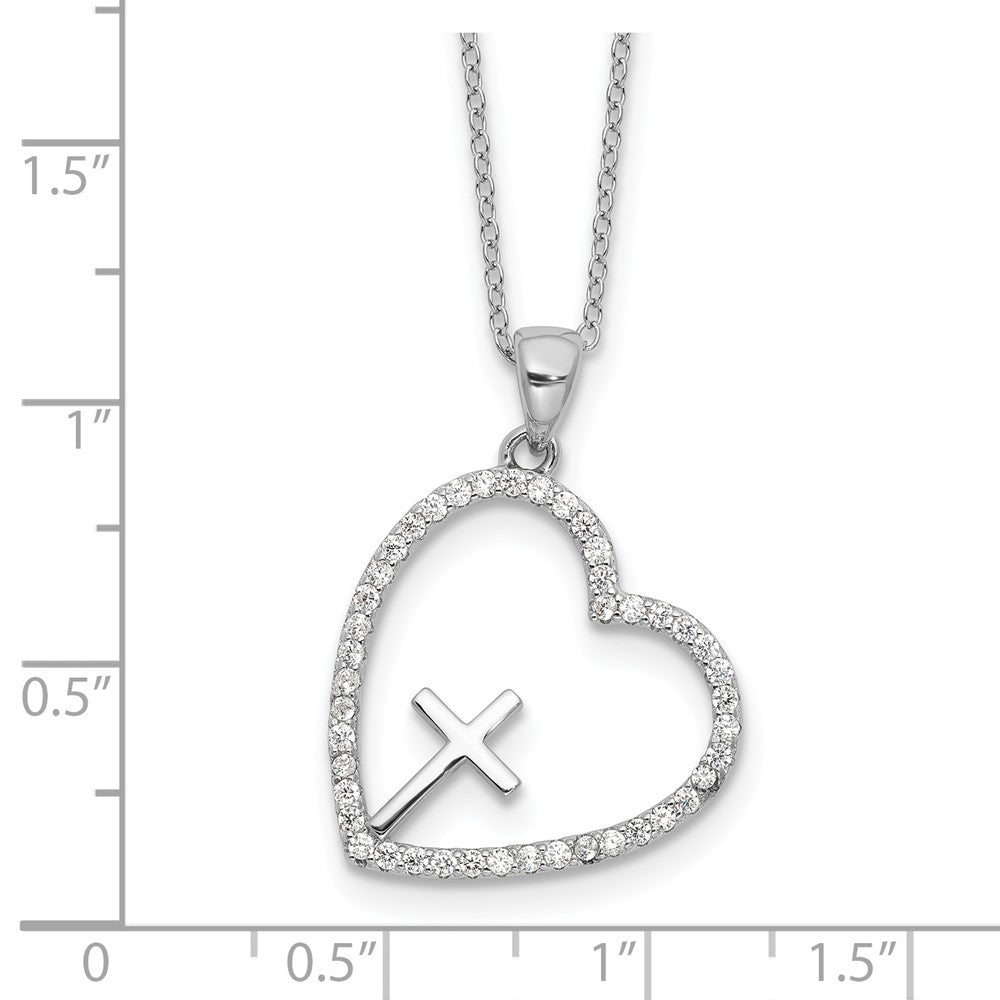 Sterling Silver Cubic Zirconia Open Heart with Cross Necklace 18"