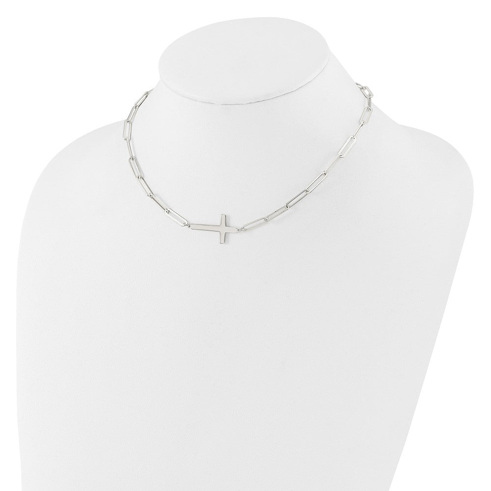 Sterling Silver E-Coated Cross Paperclip Link Necklace 17.75"