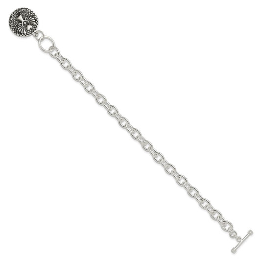 925 Sterling Silver 6.6mm Oxidized Dangle GUARDIAN ANGEL Toggle Clasp Bracelet 7.5 inch