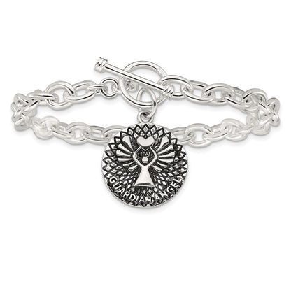 925 Sterling Silver 6.6mm Oxidized Dangle GUARDIAN ANGEL Toggle Clasp Bracelet 7.5 inch