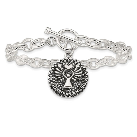 925 Sterling Silver 6.6mm Oxidized Dangle GUARDIAN ANGEL Toggle Clasp Bracelet 7.5 inch