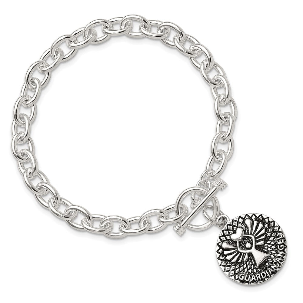 925 Sterling Silver 6.6mm Oxidized Dangle GUARDIAN ANGEL Toggle Clasp Bracelet 7.5 inch