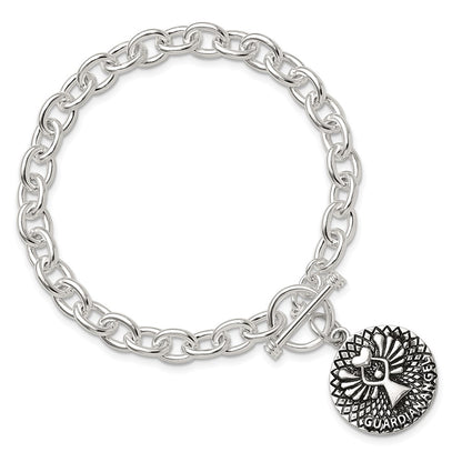 925 Sterling Silver 6.6mm Oxidized Dangle GUARDIAN ANGEL Toggle Clasp Bracelet 7.5 inch