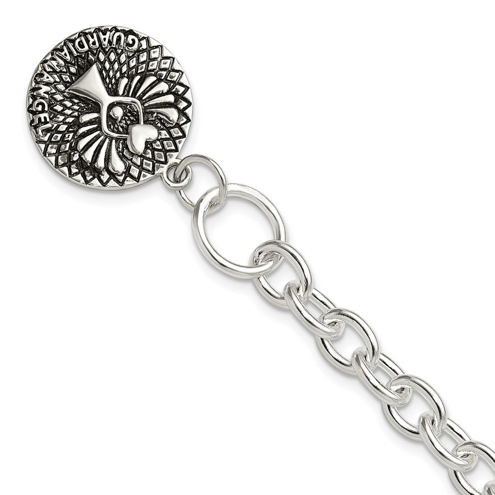 925 Sterling Silver 6.6mm Oxidized Dangle GUARDIAN ANGEL Toggle Clasp Bracelet 7.5 inch