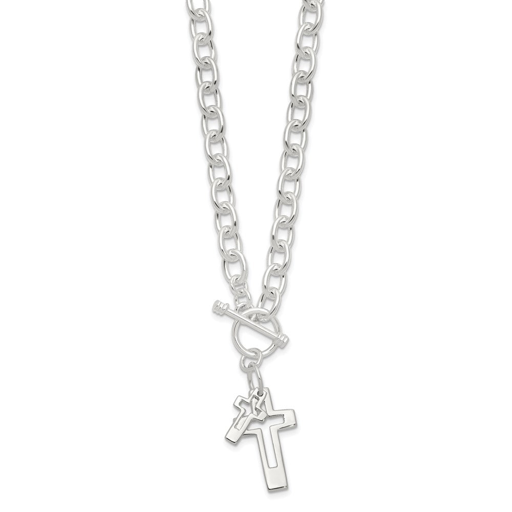 Sterling Silver E-Coated Double Open Cross Toggle Necklace 18"
