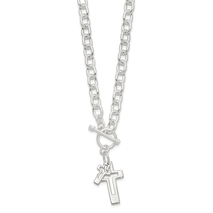 Sterling Silver E-Coated Double Open Cross Toggle Necklace 18"
