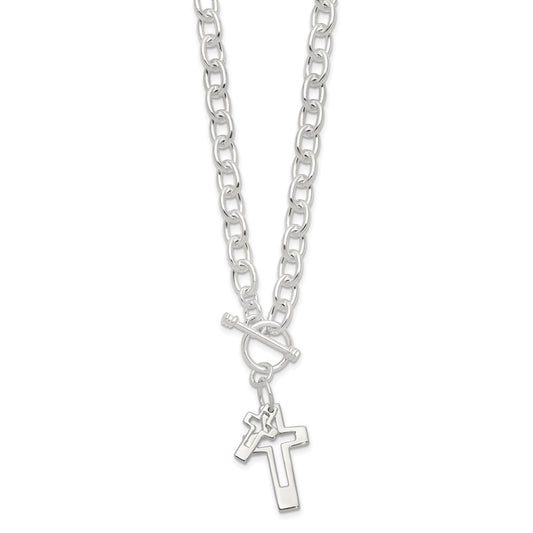 Sterling Silver E-Coated Double Open Cross Toggle Necklace 18"