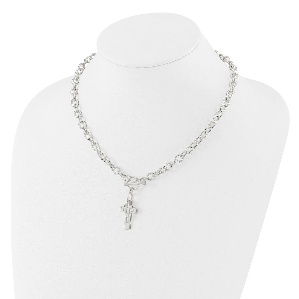 Sterling Silver E-Coated Double Open Cross Toggle Necklace 18"