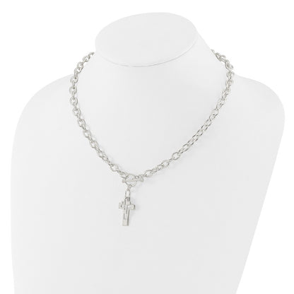 Sterling Silver E-Coated Double Open Cross Toggle Necklace 18"
