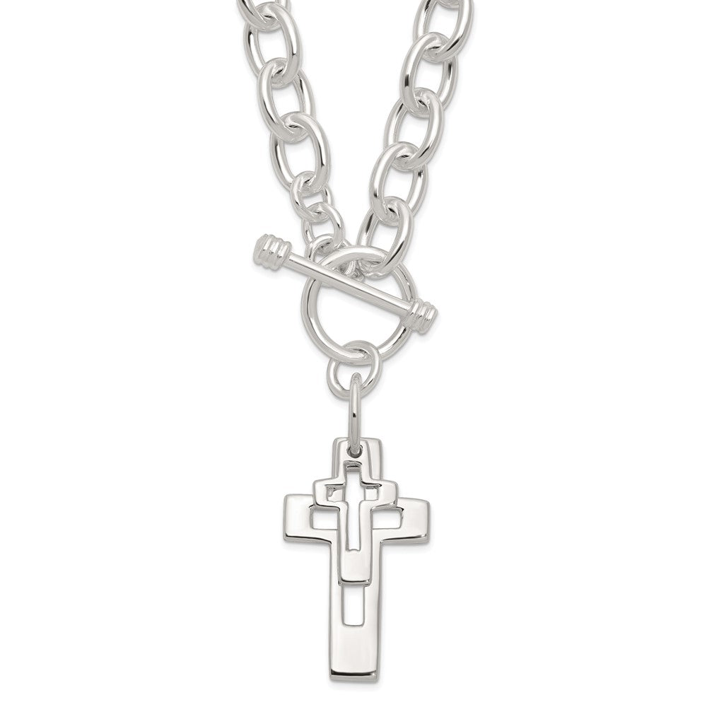 Sterling Silver E-Coated Double Open Cross Toggle Necklace 18"