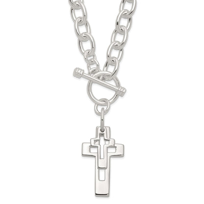 Sterling Silver E-Coated Double Open Cross Toggle Necklace 18"