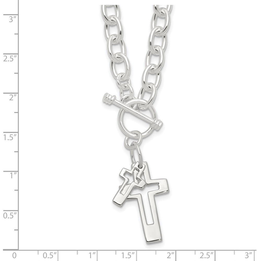 Sterling Silver E-Coated Double Open Cross Toggle Necklace 18"