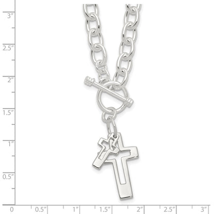 Sterling Silver E-Coated Double Open Cross Toggle Necklace 18"