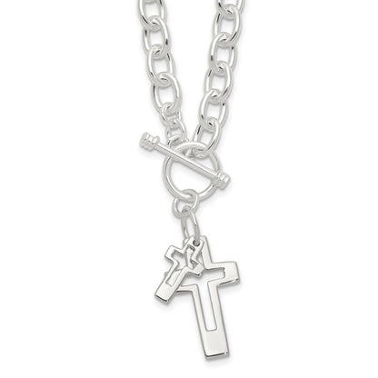 Sterling Silver E-Coated Double Open Cross Toggle Necklace 18"