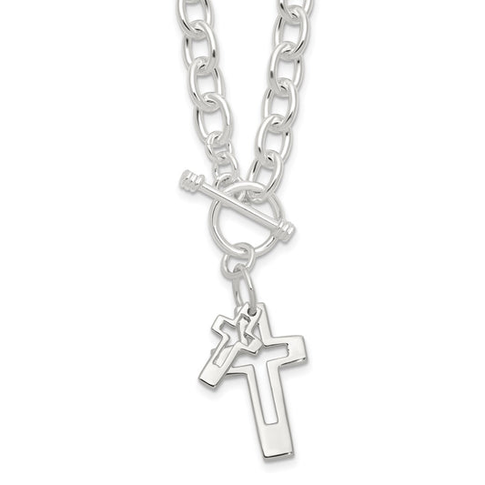 Sterling Silver E-Coated Double Open Cross Toggle Necklace 18"