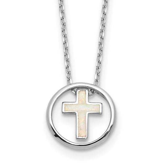 Sterling Silver Created Opal Inlay Cross Necklace 18"