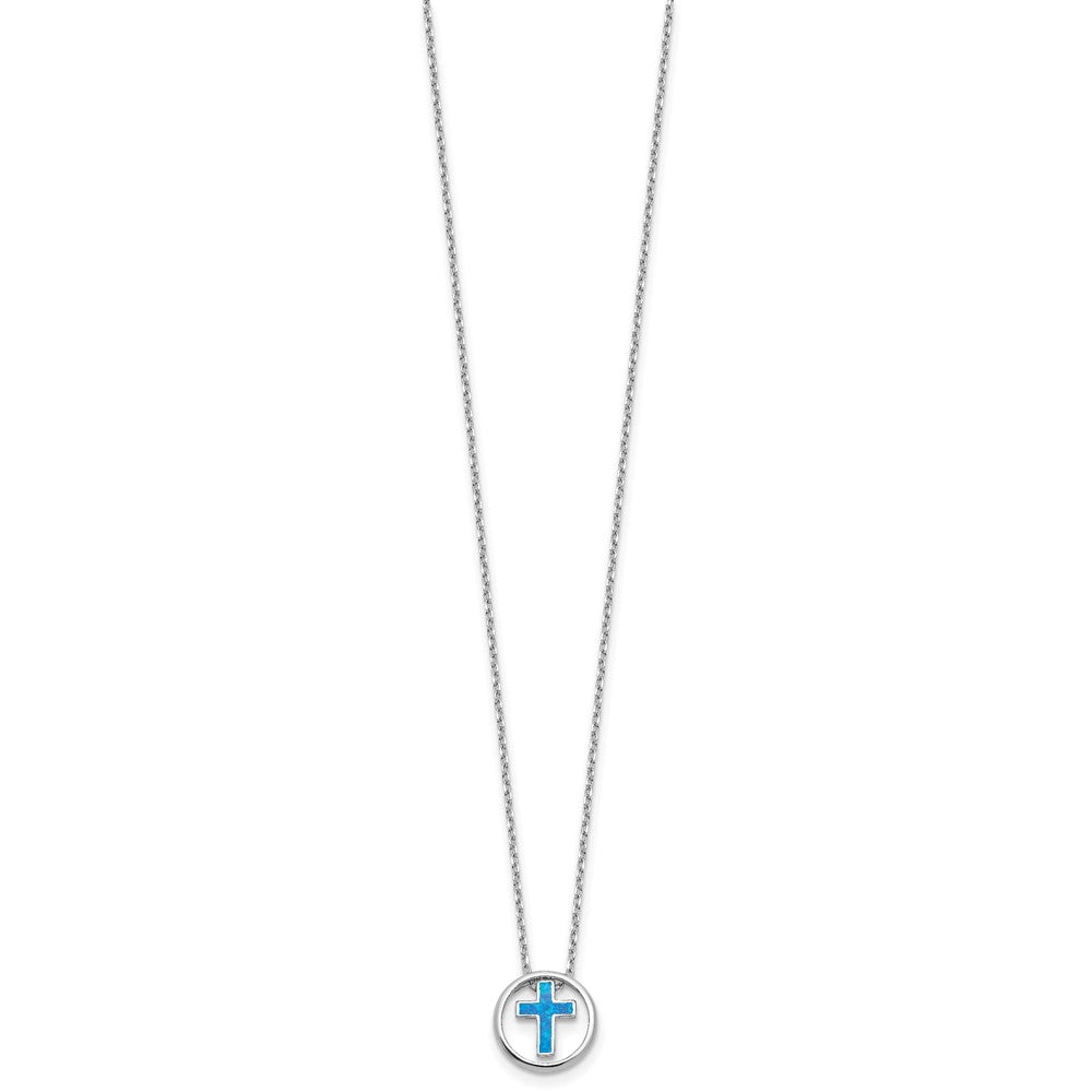 Sterling Silver Blue Cr. Opal Inlay Cross Necklace 18"