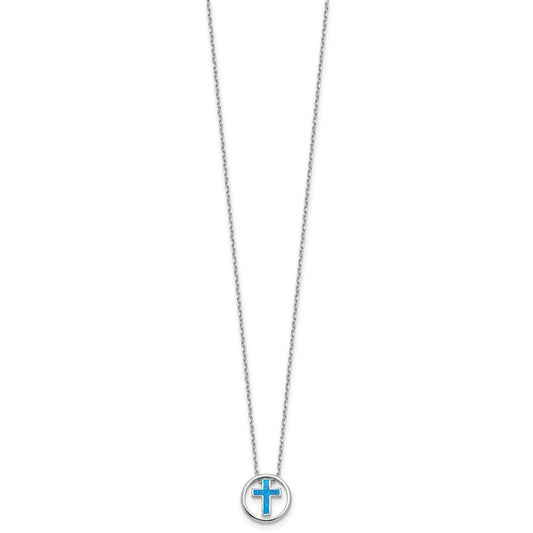 Sterling Silver Blue Cr. Opal Inlay Cross Necklace 18"