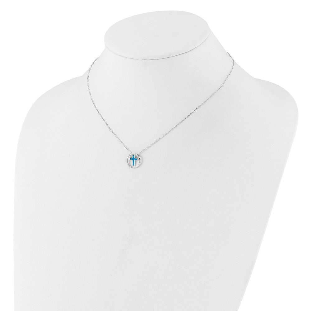Sterling Silver Blue Cr. Opal Inlay Cross Necklace 18"