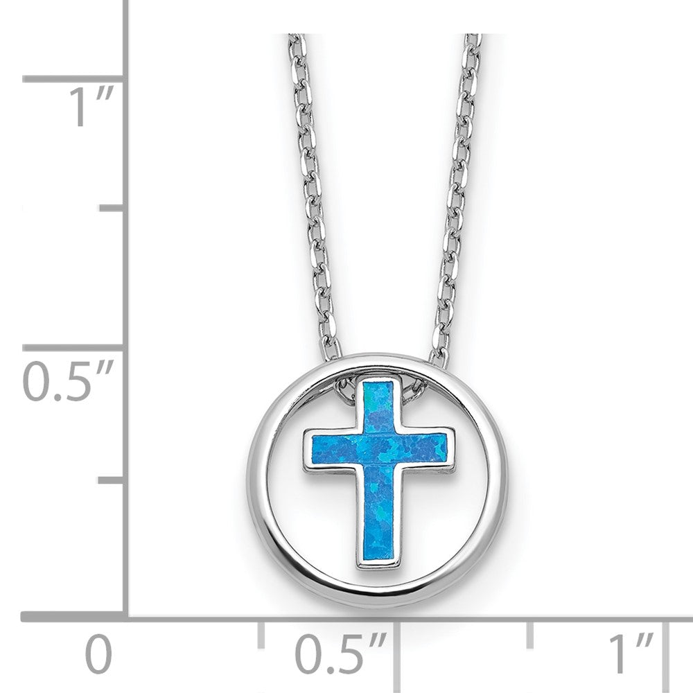 Sterling Silver Blue Cr. Opal Inlay Cross Necklace 18"