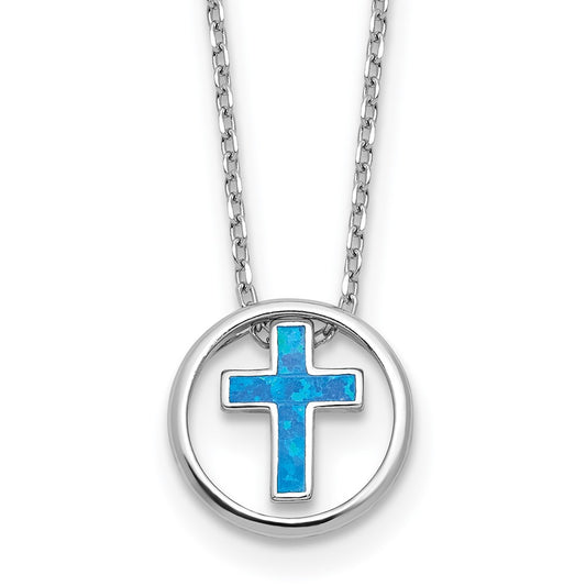 Sterling Silver Blue Cr. Opal Inlay Cross Necklace 18"
