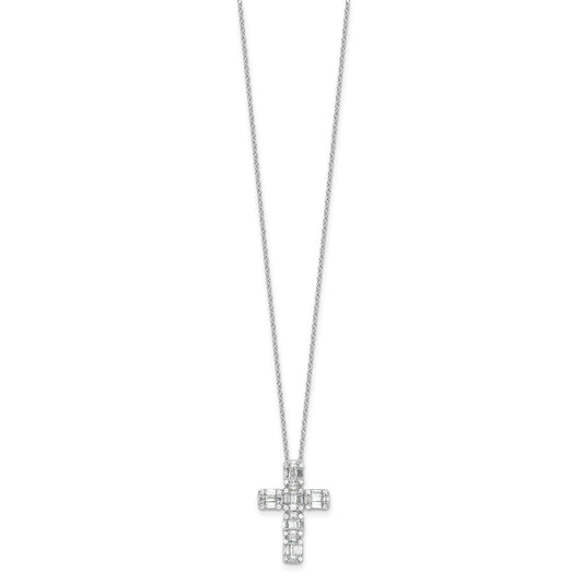 Sterling Silver Baguette Cubic Zirconia Cross Necklace 18"