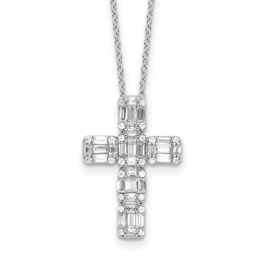 Sterling Silver Baguette Cubic Zirconia Cross Necklace 18"