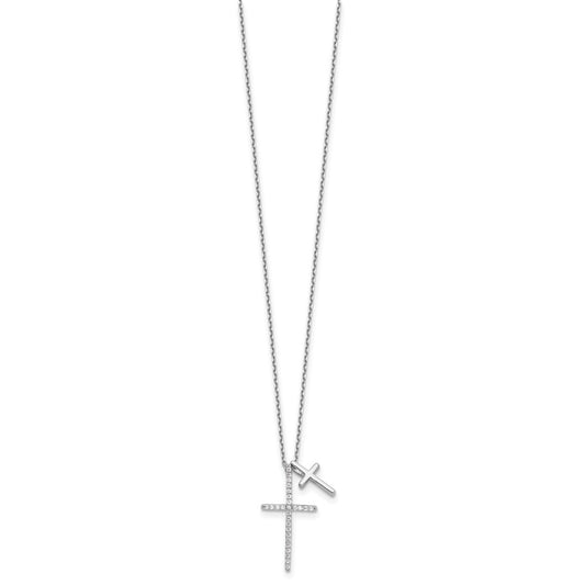 Sterling Silver with Cubic Zirconia Double Cross Necklace 18"