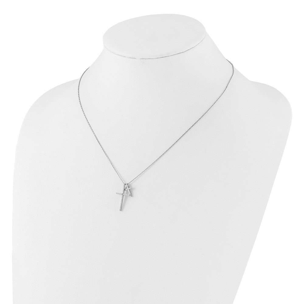 Sterling Silver with Cubic Zirconia Double Cross Necklace 18"