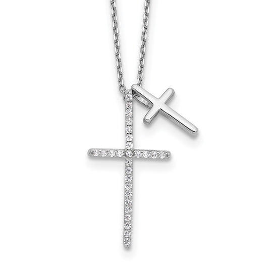 Sterling Silver with Cubic Zirconia Double Cross Necklace 18"