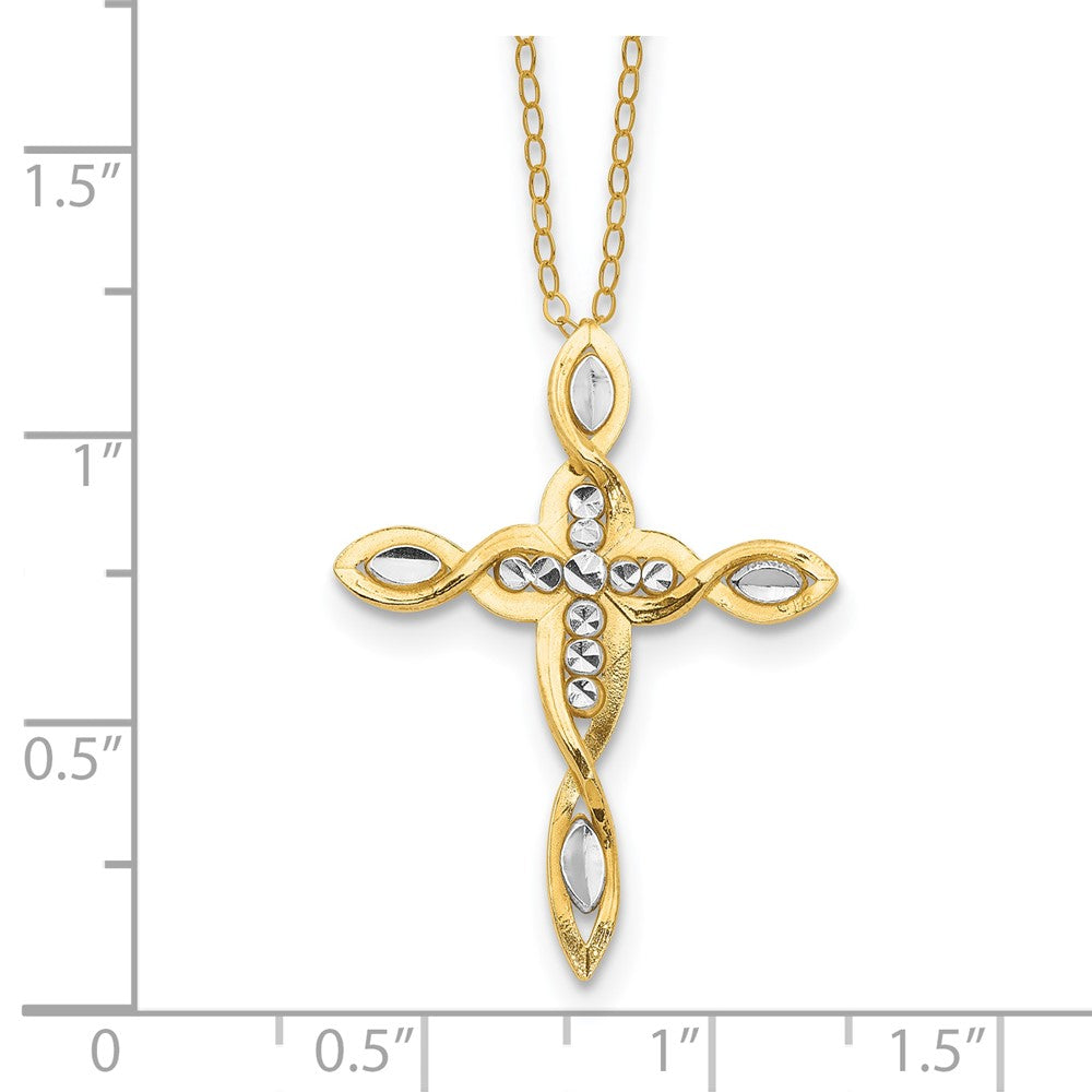 Sterling Silver Gold-tone Rhodium Fancy Diamond-Cut Cross Necklace 18"
