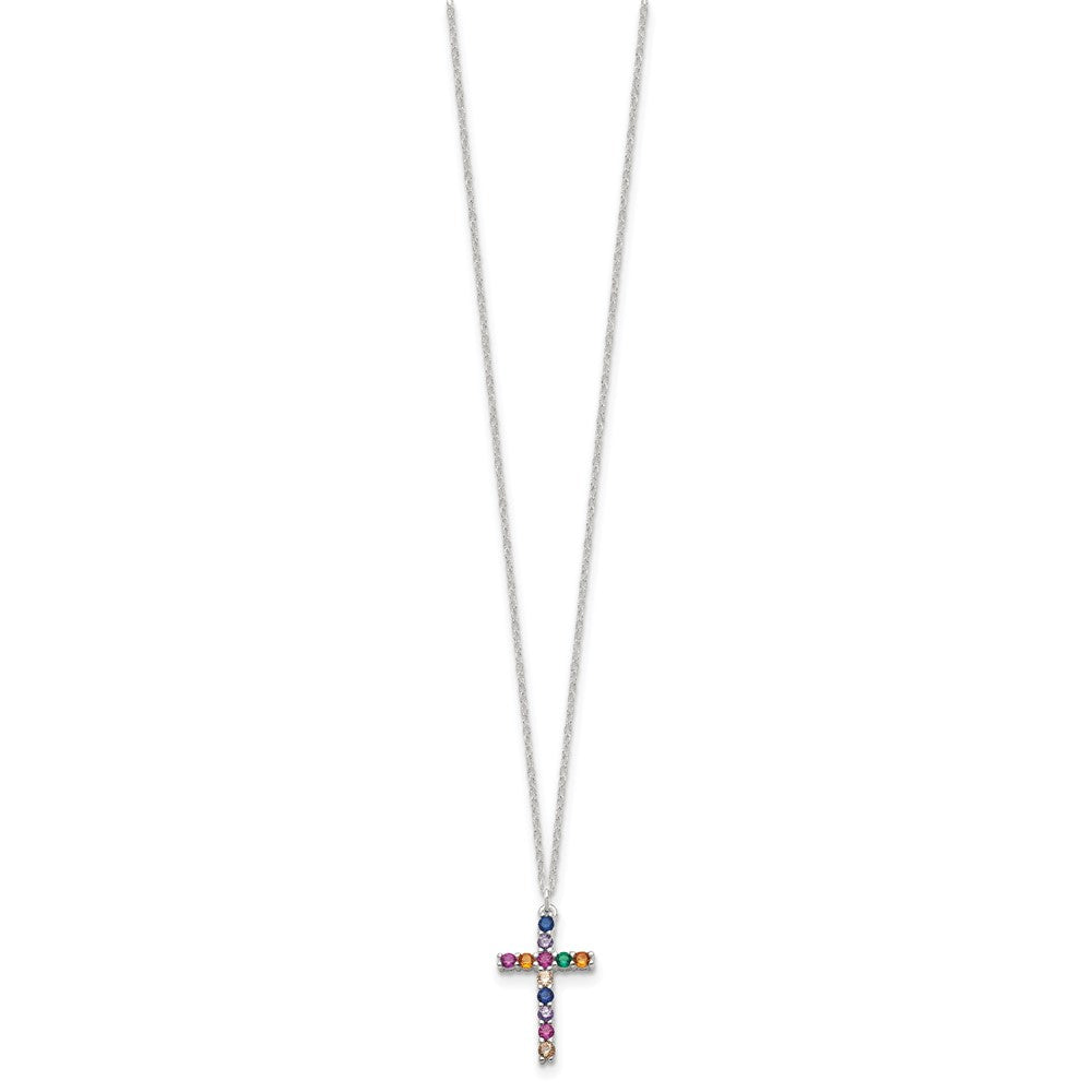 Sterling Silver Multi Color E-Coating Cubic Zirconia Cross Necklace 18"