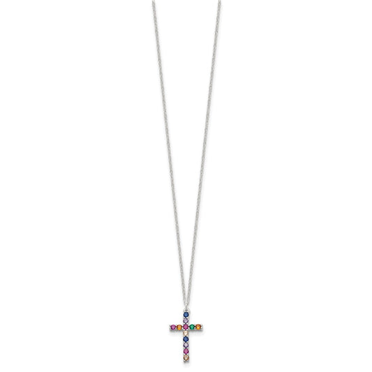 Sterling Silver Multi Color E-Coating Cubic Zirconia Cross Necklace 18"