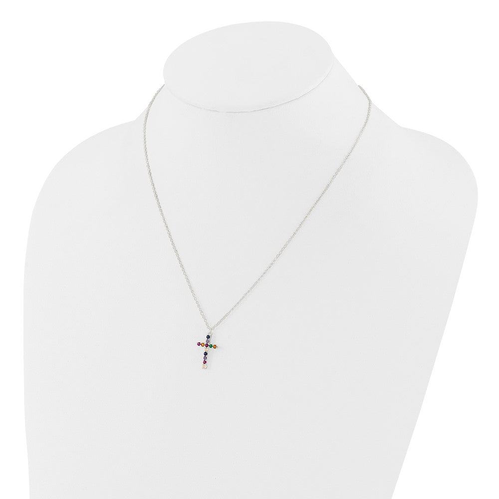Sterling Silver Multi Color E-Coating Cubic Zirconia Cross Necklace 18"
