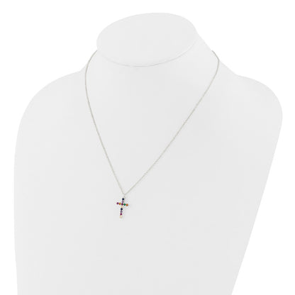 Sterling Silver Multi Color E-Coating Cubic Zirconia Cross Necklace 18"