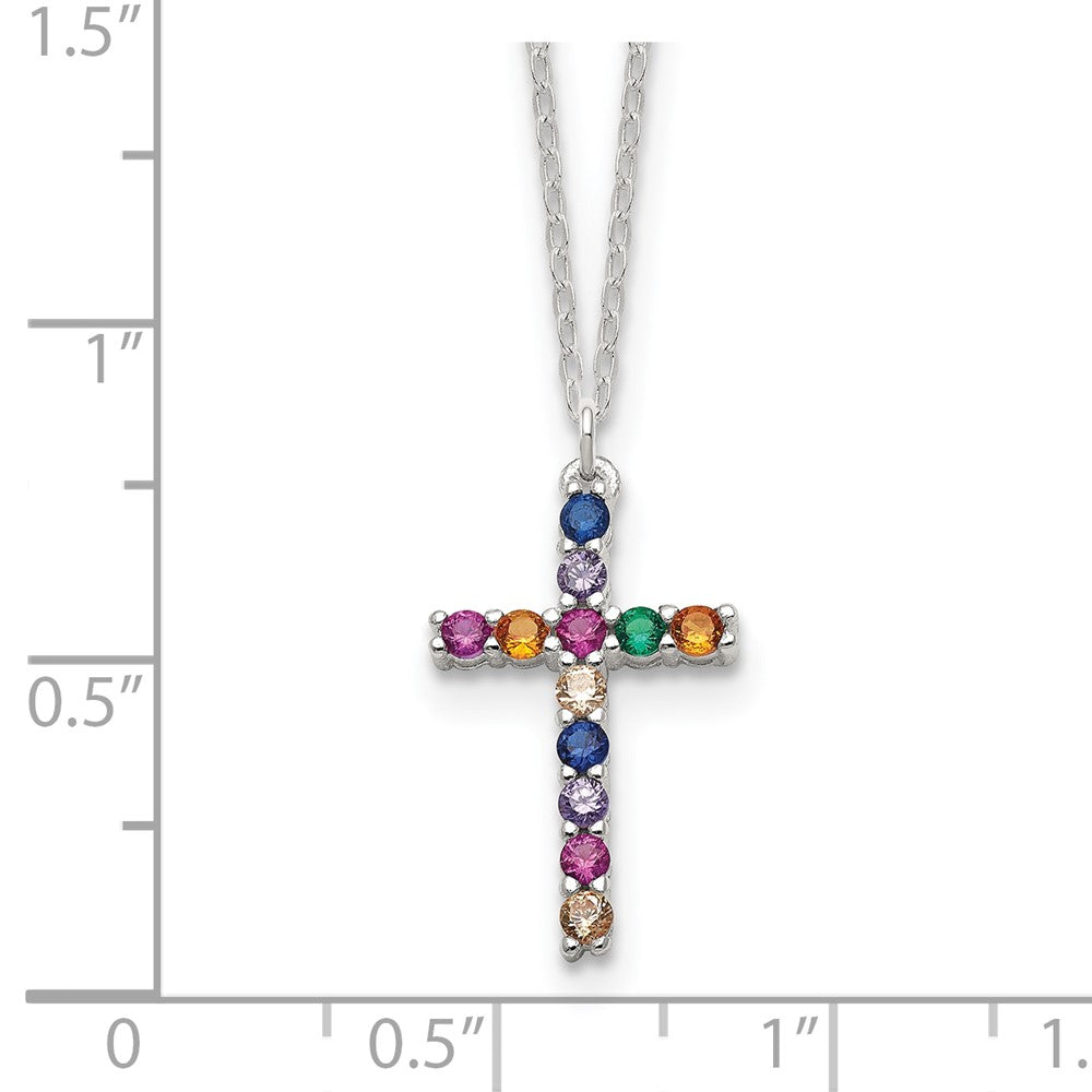 Sterling Silver Multi Color E-Coating Cubic Zirconia Cross Necklace 18"