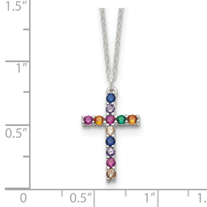 Sterling Silver Multi Color E-Coating Cubic Zirconia Cross Necklace 18"