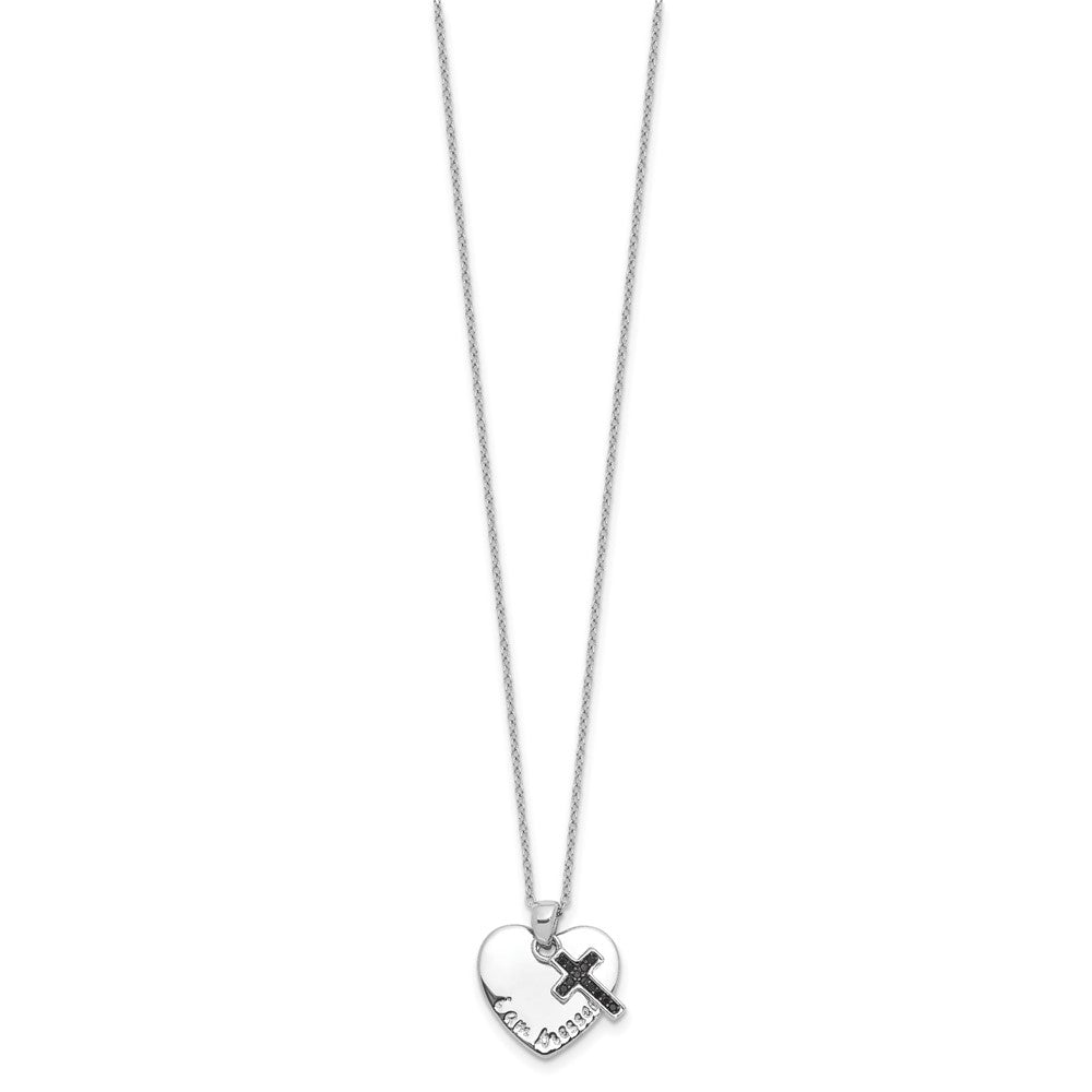 Sterling Silver Black Spinel Cross Heart Necklace 18"