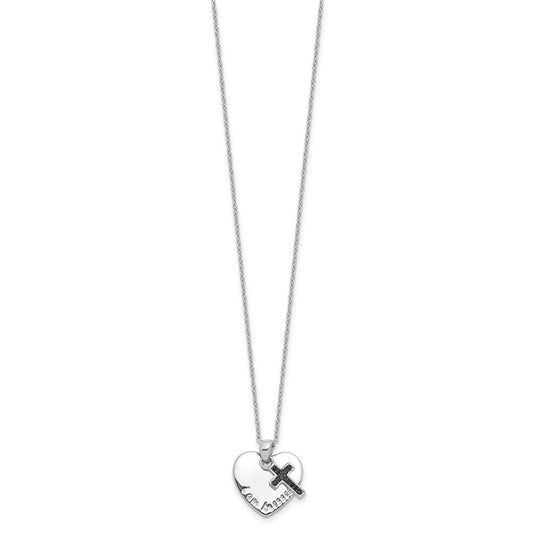 Sterling Silver Black Spinel Cross Heart Necklace 18"
