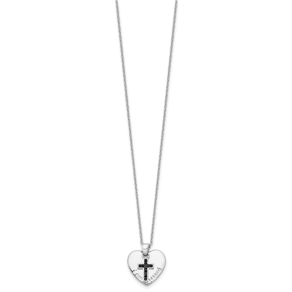 Sterling Silver Black Spinel Cross Heart Necklace 18"