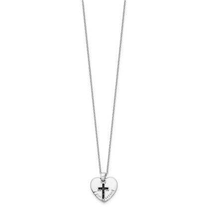 Sterling Silver Black Spinel Cross Heart Necklace 18"