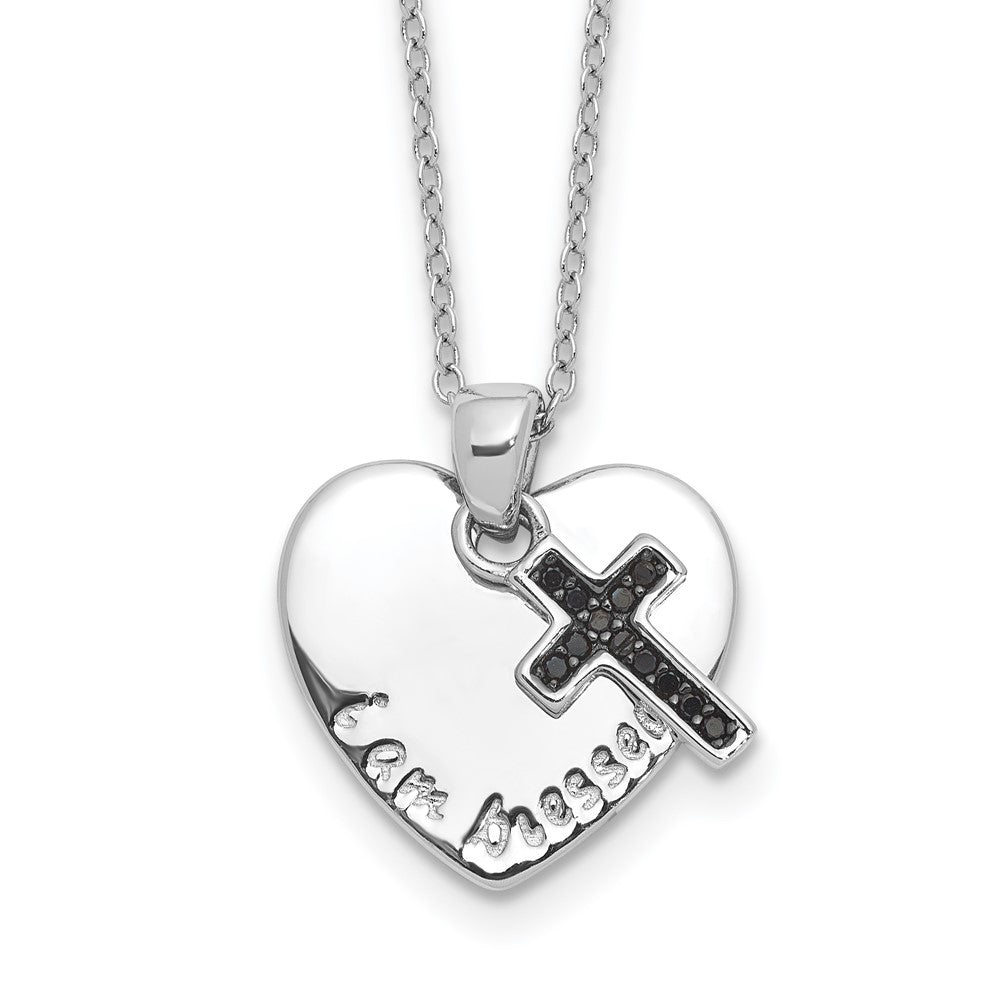 Sterling Silver Black Spinel Cross Heart Necklace 18"