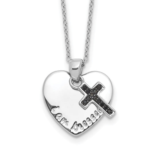 Sterling Silver Black Spinel Cross Heart Necklace 18"